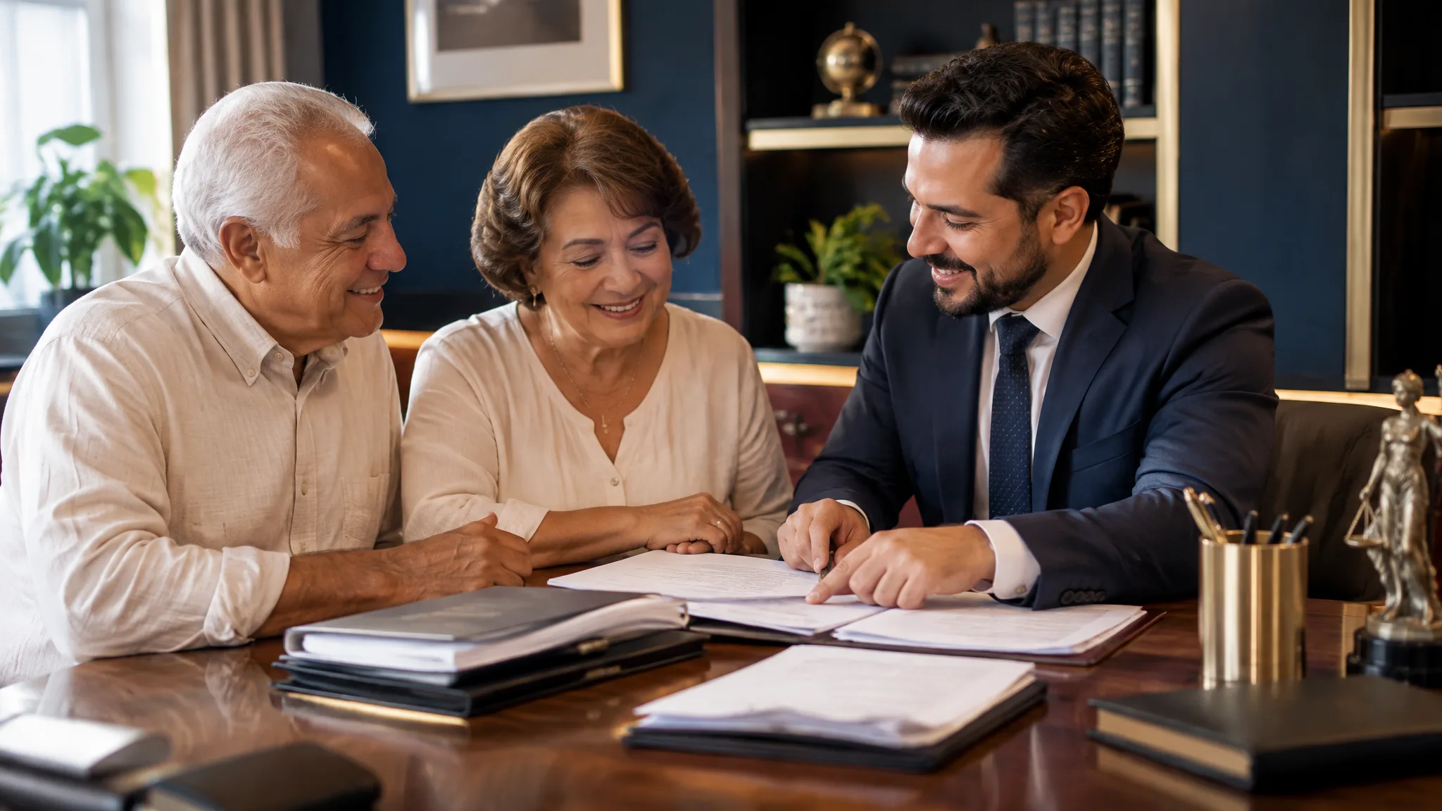 casal idoso sorrindo em consulta com advogado previdenciario sobre aposentadoria