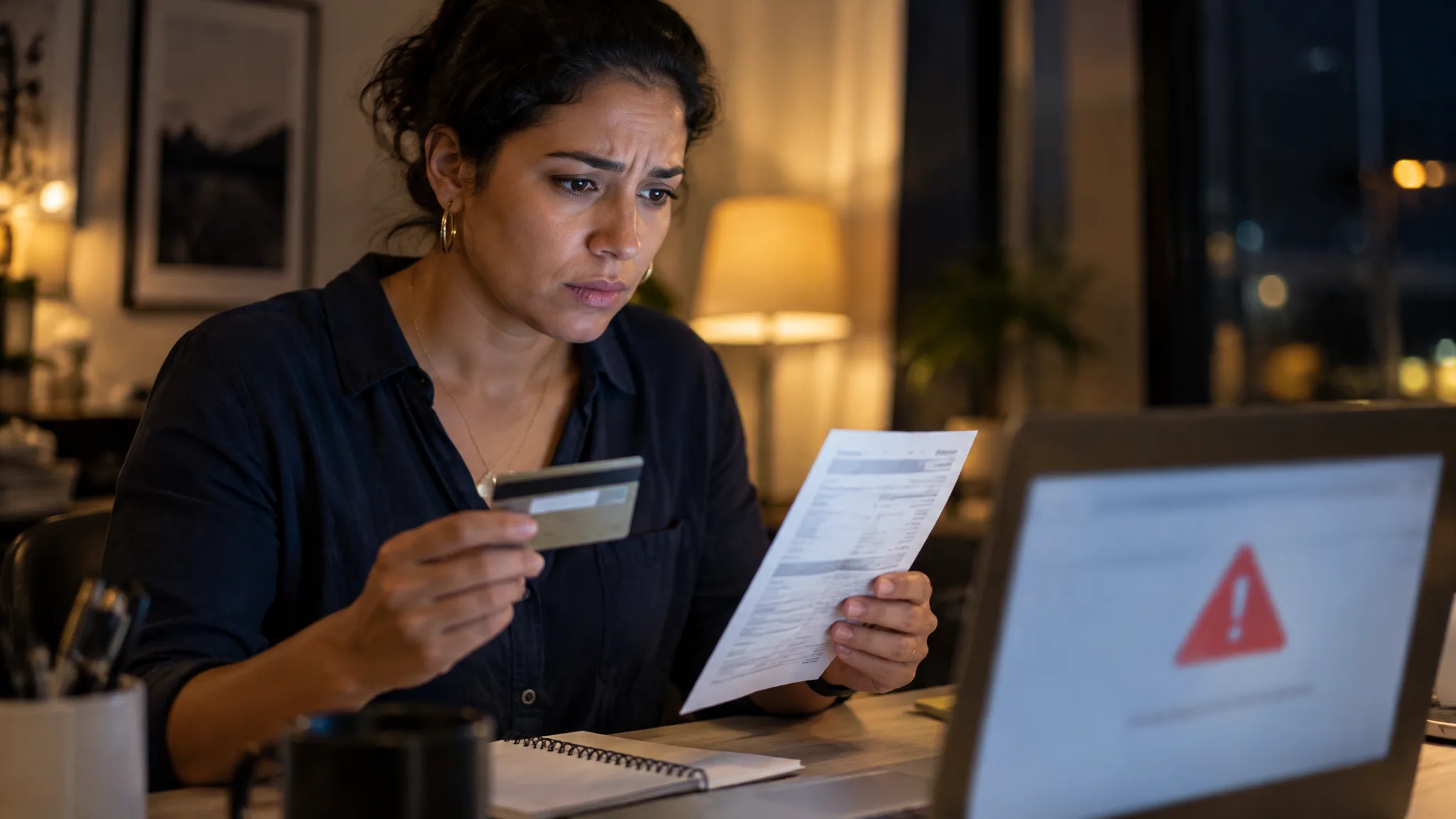 consumidor com nome negativado indevidamente analisando fatura e cartão